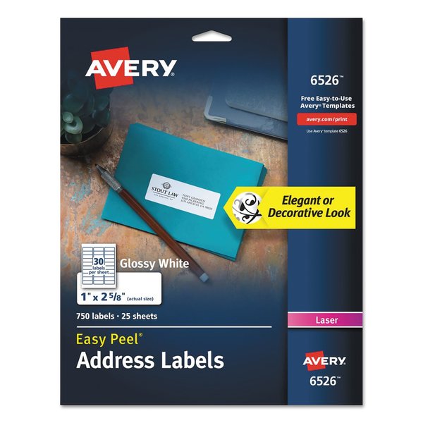 Avery Glossy White Easy Peel Mailing Label w/Sure Feed, Laser, 1x2.63, PK750 06526